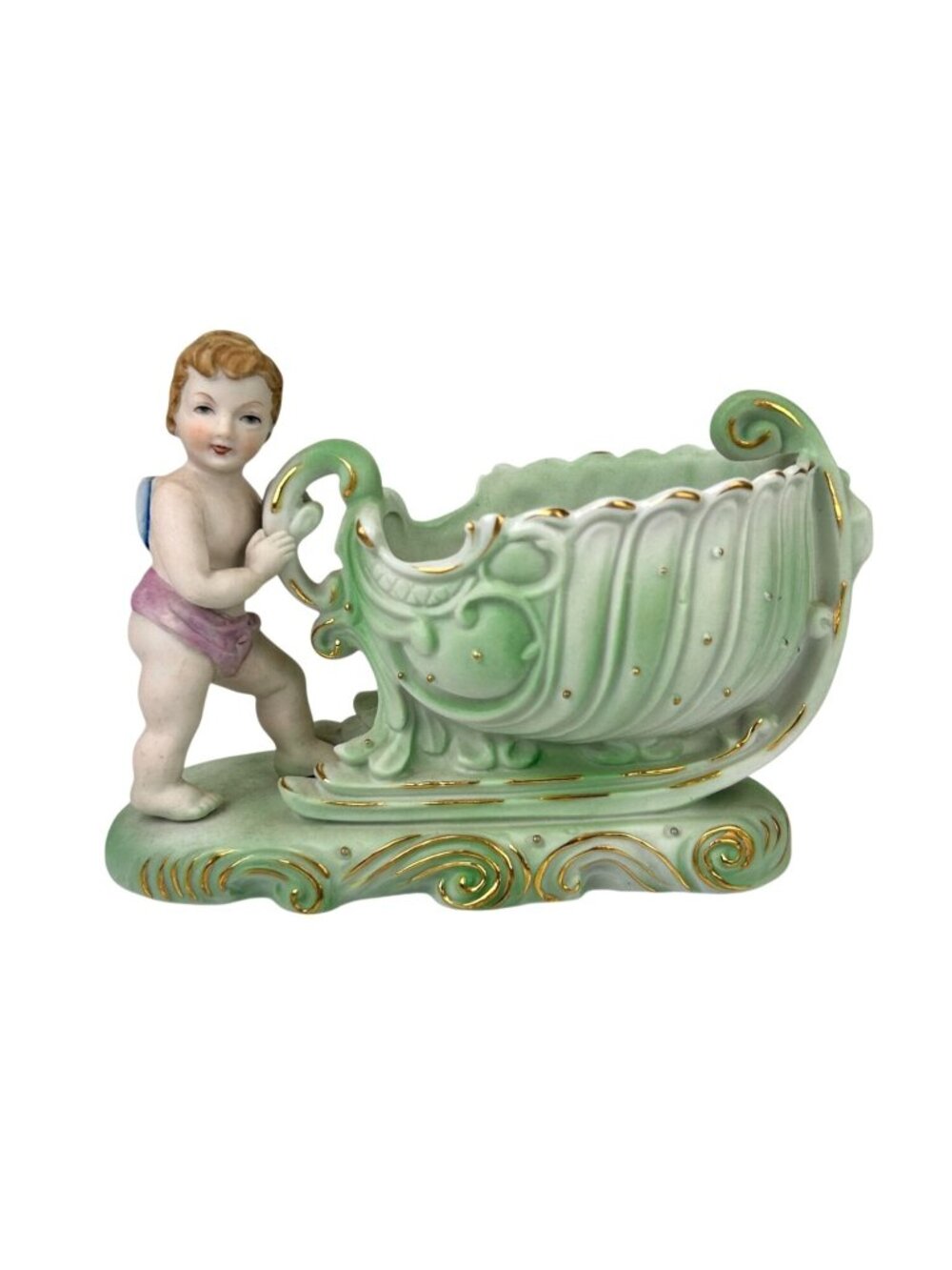Occupied Japan Andrea Sadek Bisque Cherub Angel Sleigh Planter VTG Gift 1940s